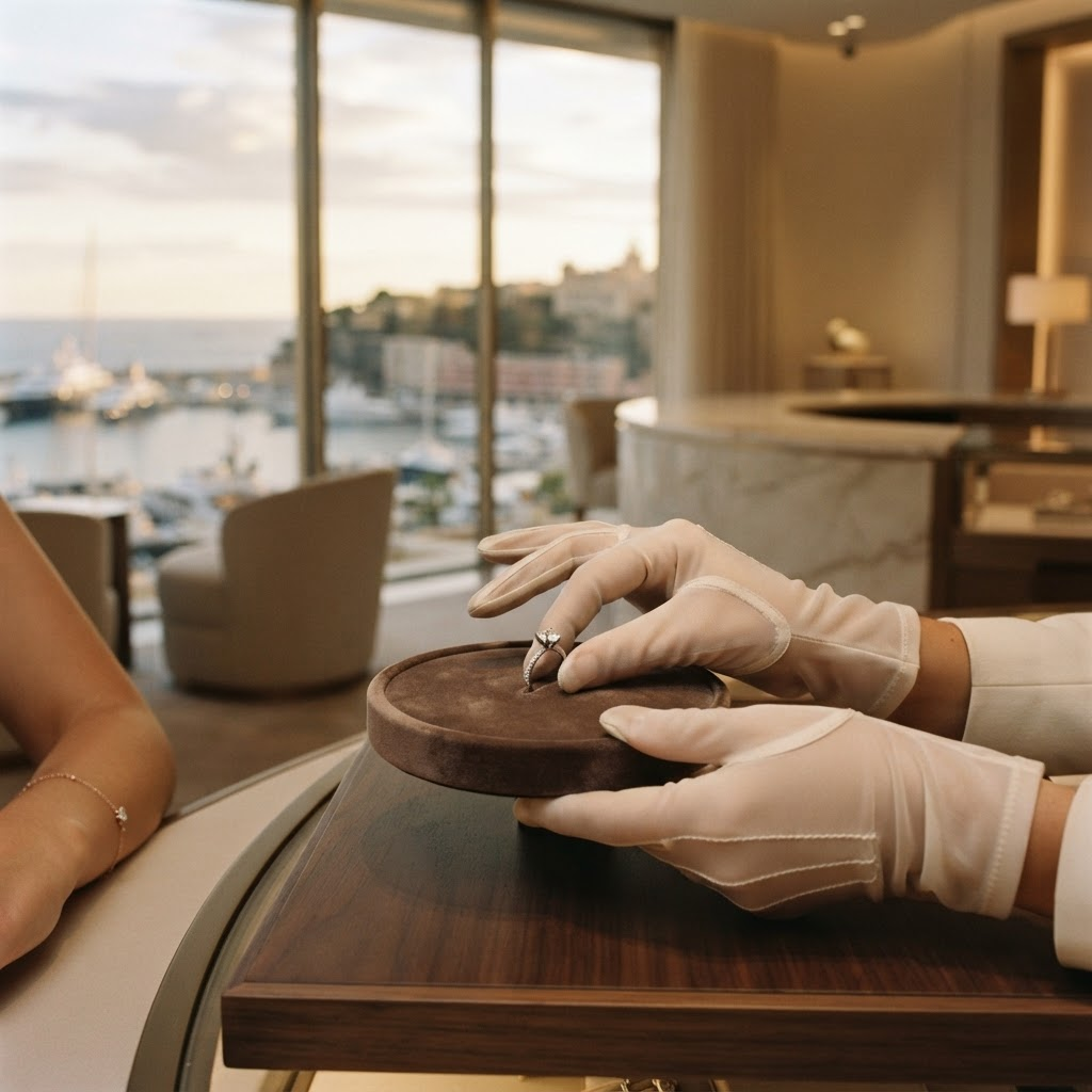 Un solitaire de diamant présenté dans le salon privé MYP Monaco surplombant Monte-Carlo